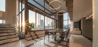 Modern living room with large windows and city view