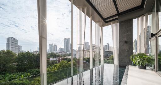 Modern balcony with city skyline view