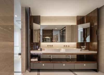 Modern bathroom with double vanity sinks and large mirrors