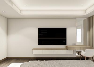 Modern bedroom with wall-mounted TV and minimalistic design