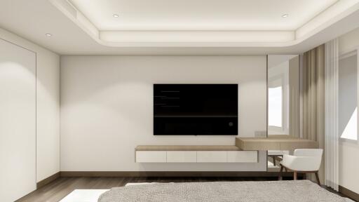 Modern bedroom with wall-mounted TV and minimalistic design