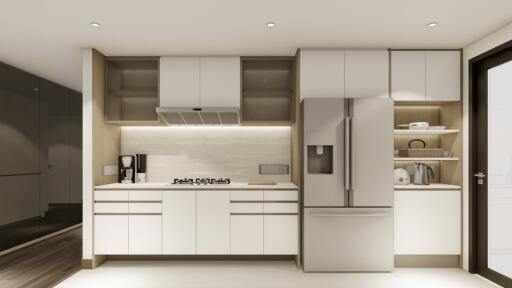 Modern minimalist kitchen with built-in appliances and white cabinets