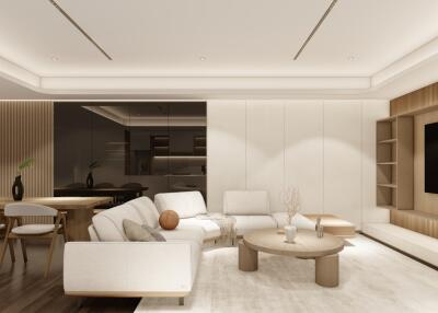 Modern living room with white furniture, a large TV, and a dining area.