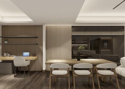 Modern living space with dining area and home office