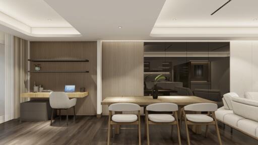 Modern living space with dining area and home office