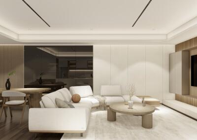 Modern living room with contemporary furnishings, wall-mounted TV, and adjoining dining area.