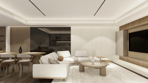 Modern living room with contemporary furnishings, wall-mounted TV, and adjoining dining area.