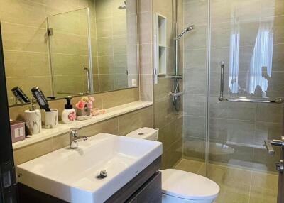 Modern bathroom with walk-in shower, vanity, and toilet.