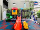 Colorful playground area with slides and swings