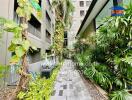 A view of the entrance area showcasing greenery and modern design