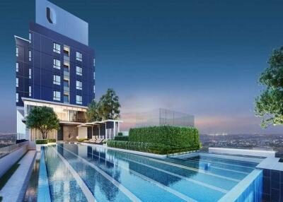 Modern apartment building with swimming pool and city view