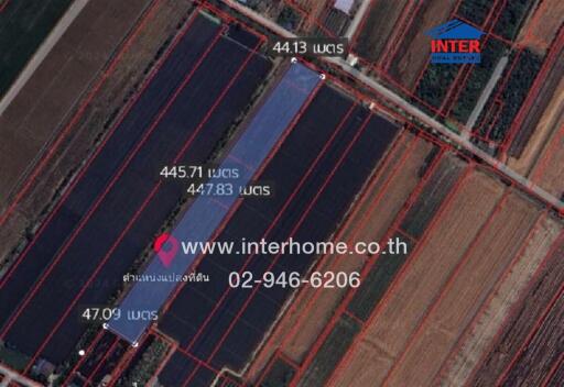 Aerial view of land with irrigation canals and measurements