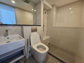 Modern bathroom with a shower area, sink, and toilet