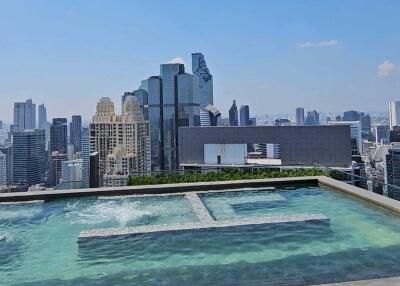 rooftop pool with city skyline view