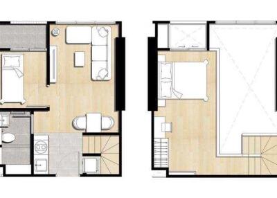 Two-story building floor plan with living room, kitchen, bedroom, and bathroom