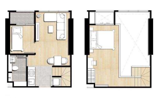 Two-story building floor plan with living room, kitchen, bedroom, and bathroom