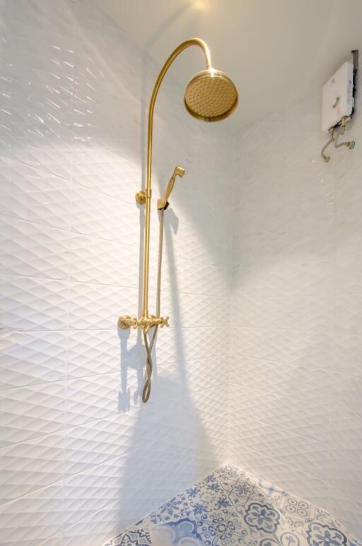 Bathroom with gold shower fixtures