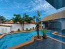 Swimming pool in a backyard with clear blue sky