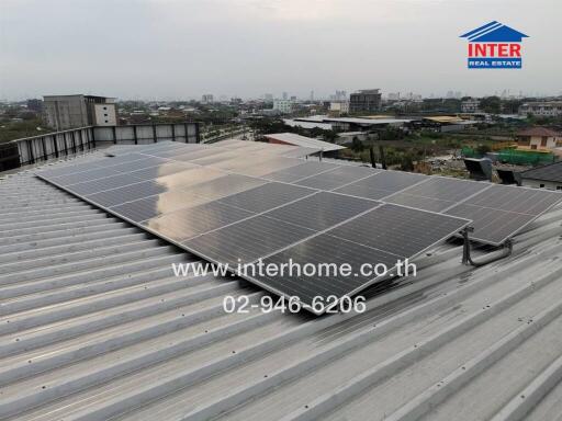 Rooftop with solar panels and city view