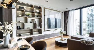 Modern living room with built-in shelves, a large TV, floor-to-ceiling windows, and contemporary furniture