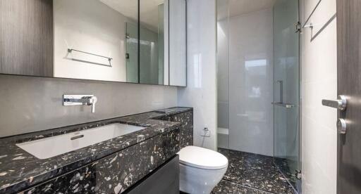 Modern bathroom with black marble accents