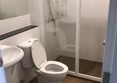 Modern bathroom with glass shower enclosure, toilet, and sink