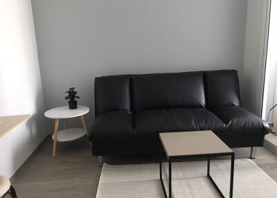 Modern living room with black leather sofa