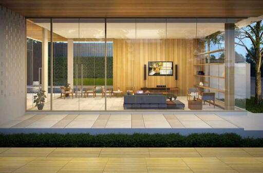 Modern living room with glass walls and wooden accents