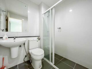 Modern bathroom with glass shower enclosure