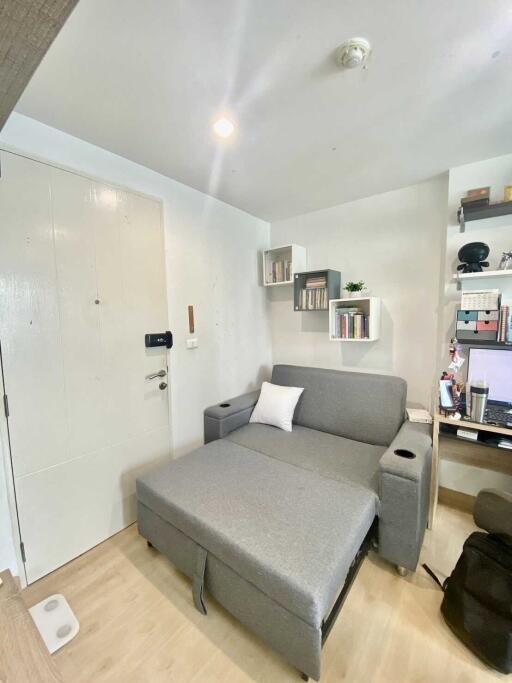 Cozy living room with a grey sofa bed and shelving