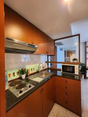 Compact kitchen with wooden cabinets and modern appliances