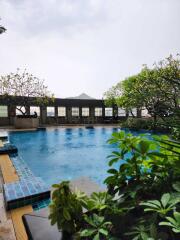 Outdoor swimming pool surrounded by lush greenery