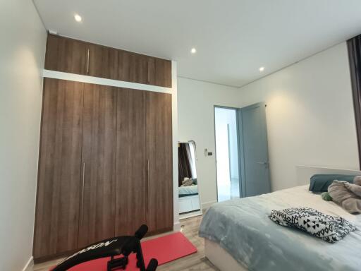 Modern bedroom with large wardrobe and cozy decor