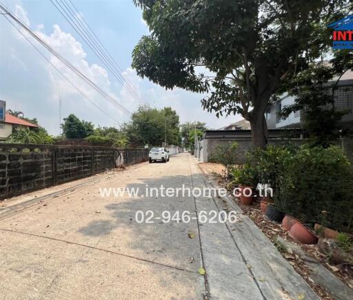 A street view in a residential area with trees and parked cars