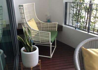 Cozy balcony with modern furniture and plants