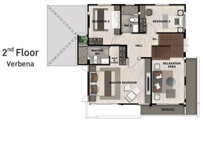 Second floor plan showing bedrooms, bathrooms, relaxation area, terrace, and master bedroom