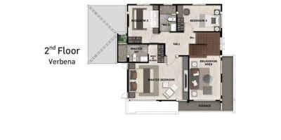 Second floor plan showing bedrooms, bathrooms, relaxation area, terrace, and master bedroom
