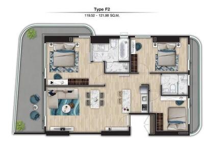 Floor plan of Type F2 apartment with 3 bedrooms, 2 bathrooms, living area, kitchen, and balcony.