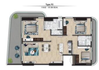 Floor plan of Type F2 apartment with 3 bedrooms, 2 bathrooms, living area, kitchen, and balcony.