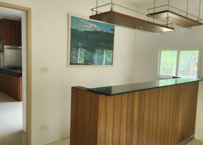 Kitchen area with island counter and wooden fixtures