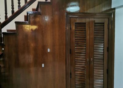 Polished wooden staircase and storage cabinet under stairs.