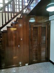 Polished wooden staircase and storage cabinet under stairs.