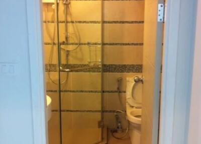 Bathroom with glass-enclosed shower and toilet