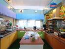 Modern kitchen with colorful cabinets and mosaic backsplash