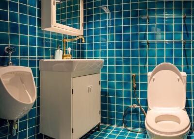Modern bathroom with blue tiled walls and floor, featuring a toilet, urinal, and vanity with mirror cabinet