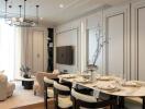 Modern living and dining room with stylish furniture and decor