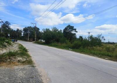 View of a rural road with greenery and a partly cloudy sky