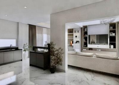 Modern living room with kitchen area