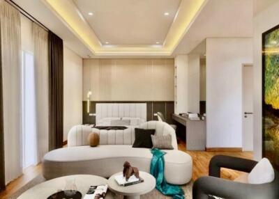 Modern bedroom with stylish furniture and lighting