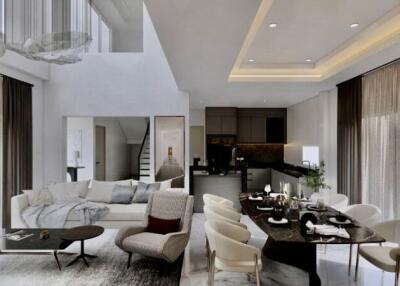 Modern living and dining area with open kitchen